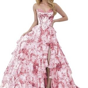 Dusty rose elegant & feminine corset lace up tiered maxi prom dress size 10